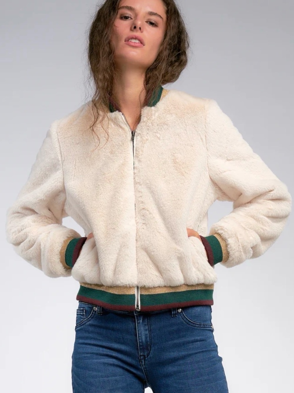Ivory Faux Fur Bomber Jacket LG Teddy Cozy